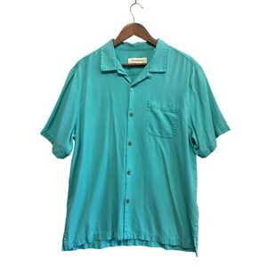 Tommy Bahama Mens Sz L 100% Silk Shirt Button Up Short Sleeve Vacation Turquoise